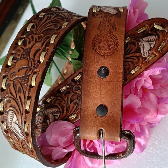 ❤️HP❤️🐎Vintage Brown Leather Belt Cintos Imperial Belt Mexican Horses Design - Picture 3 of 11